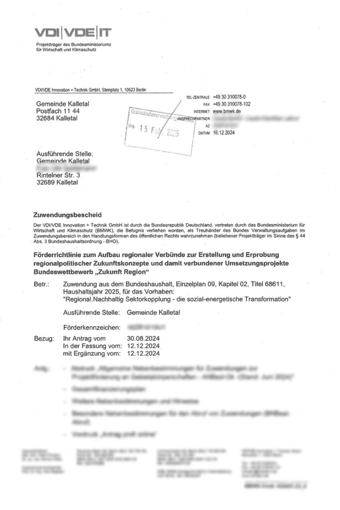 Seite 1 des bewilligten Fördergeldbescheides